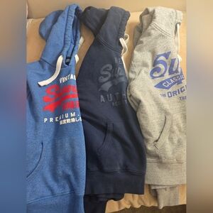 3 Superdry Men's Hoodies 2X in Blue, Navy, and Gray Hardly Worn. EXCELLENT USED